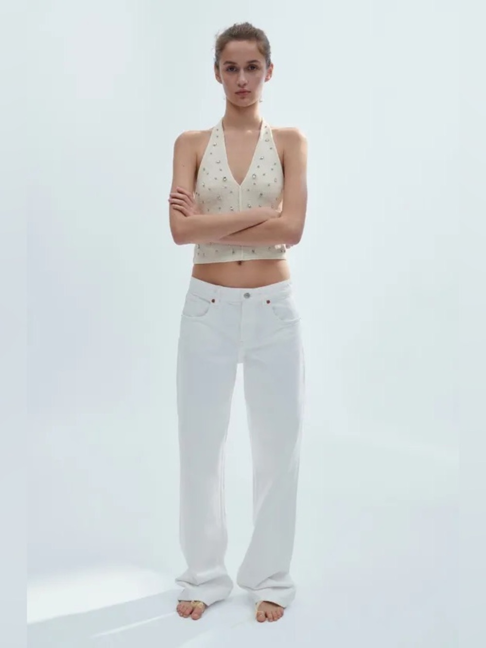 Zara TRF Oyster White Mid Rise Wide Leg Full Length Jeans 14 NWT